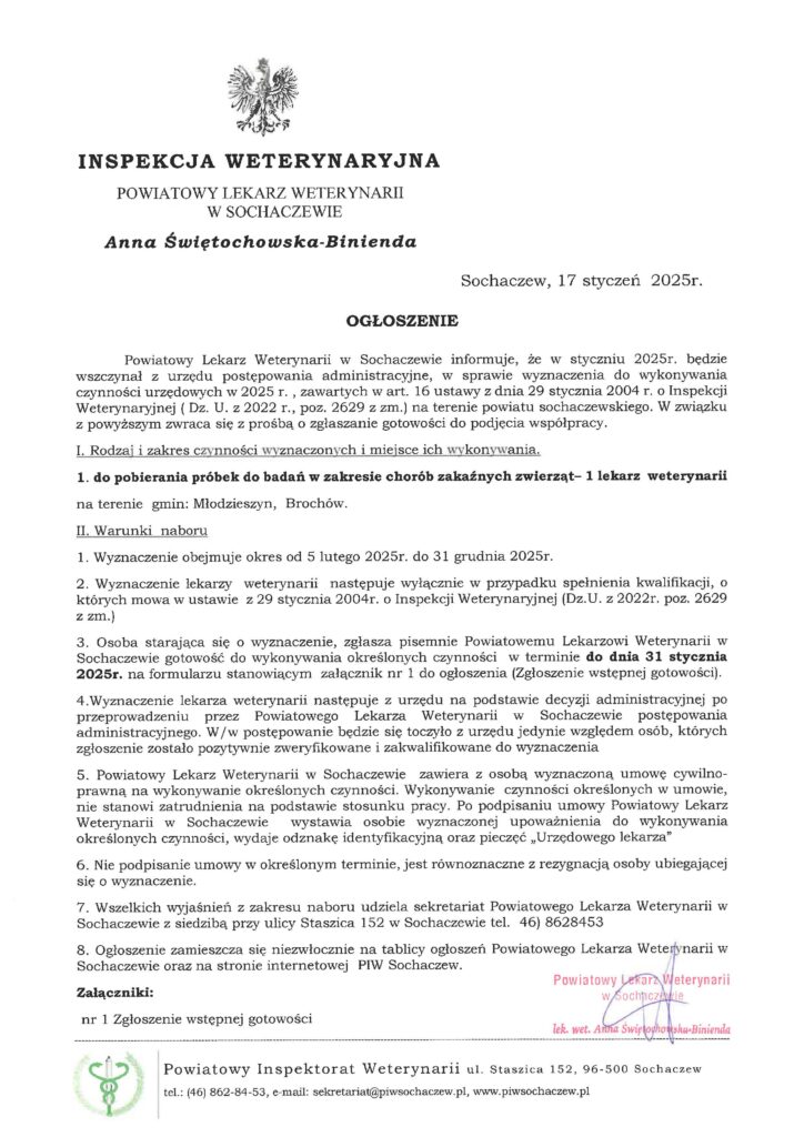 Ogłoszenie dodatkowe w sprawie wyznaczenia do wykonywania czynności urzędowych na 2025 r.